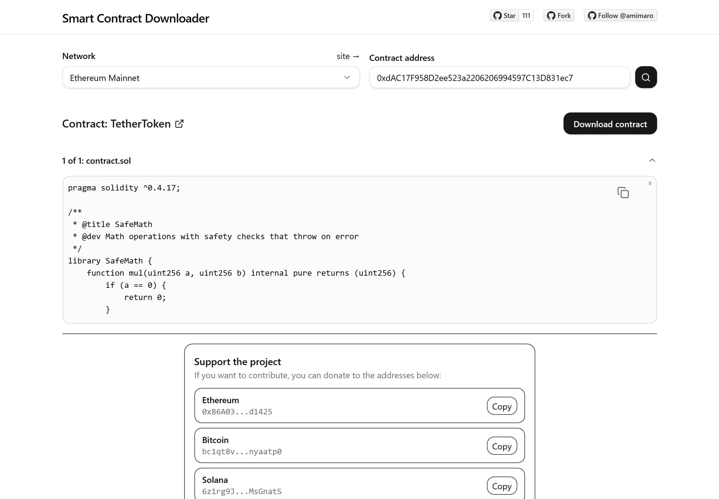 Smart Contract Downloader - address and network selection